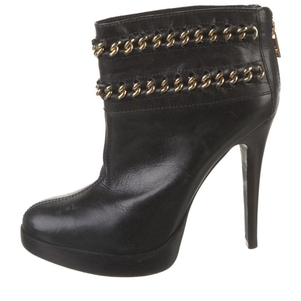 Tory Burch Black Ankle Boots with Gold Chain Detail